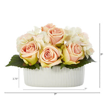 Load image into Gallery viewer, 7" Rose and Hydrangea Artificial Arrangement in White Vase