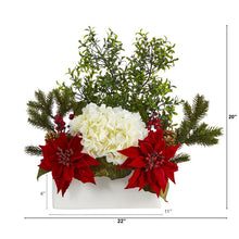 Load image into Gallery viewer, 22" Poinsettia, Hydrangea and Boxwood Artificial Arrangement in White Vase