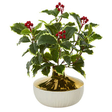 Load image into Gallery viewer, 14" Variegated Holly Leaf Artificial Plant in Gold and Cream Elegant Vase