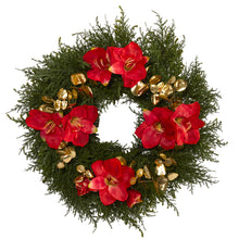 Load image into Gallery viewer, 24" Cedar, Amaryllis and Metallic Eucalyptus Artificial Wreath