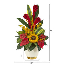 Load image into Gallery viewer, 30" Mixed Tropical Floral Artificial Arrangement in Cream Vase with Gold Base