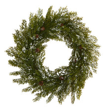 Load image into Gallery viewer, 20" Snowed Artificial Cedar Wreath with Pine Cones