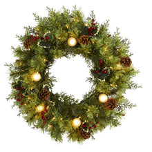 Load image into Gallery viewer, 24" Christmas Artificial Wreath with 50 White Warm Lights, 7 Globe Bulbs