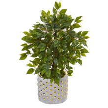 Load image into Gallery viewer, 17" Mini Ficus Artificial Tree in Stoneware Vase with Gold Trimming