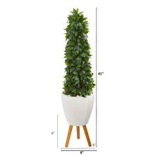 Load image into Gallery viewer, 4' Sweet Bay Cone Topiary Artificial Tree in White Planter with Stand