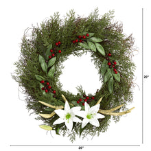 Load image into Gallery viewer, 20" Cedar, Antlers, Lily and Ruscus with Berries Artificial Wreath