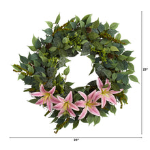 Load image into Gallery viewer, 23" Mixed Ruscus, Lily, Fittonia and Berries Artificial Wreath