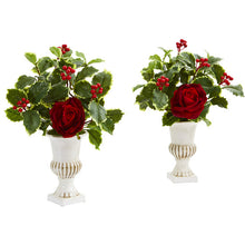 Load image into Gallery viewer, 15" Rose and Holly Leaf Artificial Arrangement in White Urn (Set of 2)