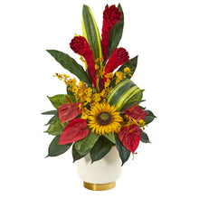 Load image into Gallery viewer, 30" Mixed Tropical Floral Artificial Arrangement in Cream Vase with Gold Base