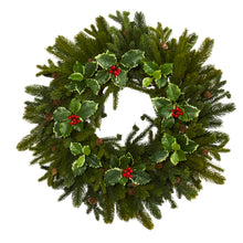 Load image into Gallery viewer, 22" Pine, Pinecone and Variegated Holly Leaf Artificial Wreath
