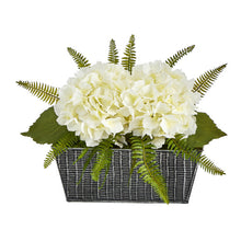 Load image into Gallery viewer, 11" Hydrangea and Fern Artificial Plant in Embossed Tin Planter