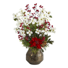 Load image into Gallery viewer, 31" Poinsettia, Dogwood and Berry Artificial Arrangement in Designer Vase