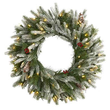 Load image into Gallery viewer, 24" Snowed Artificial Christmas Wreath w/50 Warm White LED Lights and Pine Cone