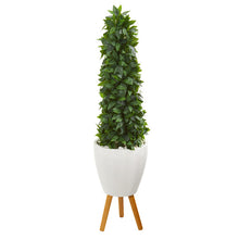 Load image into Gallery viewer, 4' Sweet Bay Cone Topiary Artificial Tree in White Planter with Stand