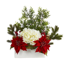 Load image into Gallery viewer, 22" Poinsettia, Hydrangea and Boxwood Artificial Arrangement in White Vase