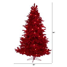 Load image into Gallery viewer, 7' Red Flocked Fraser Fir Artificial Christmas Tree with 500 Red Lights