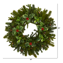 Load image into Gallery viewer, 22" Pine, Pinecone and Variegated Holly Leaf Artificial Wreath