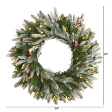 Load image into Gallery viewer, 24" Snowed Artificial Christmas Wreath w/50 Warm White LED Lights and Pine Cone