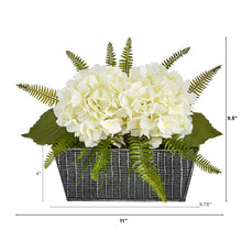 Load image into Gallery viewer, 11" Hydrangea and Fern Artificial Plant in Embossed Tin Planter