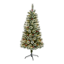 Load image into Gallery viewer, 5' Frosted Swiss Pine Artificial Christmas Tree w/ 200 Clear LED Lights & Berrie