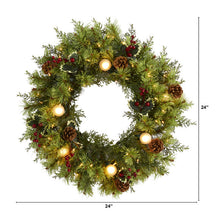 Load image into Gallery viewer, 24" Christmas Artificial Wreath with 50 White Warm Lights, 7 Globe Bulbs