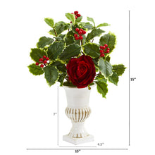 Load image into Gallery viewer, 15" Rose and Holly Leaf Artificial Arrangement in White Urn (Set of 2)