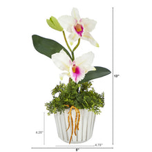 Load image into Gallery viewer, 13" Mini Orchid Cattleya Artificial Arrangement in White Vase w/Silver Trimming