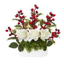 Load image into Gallery viewer, 12" Rose and Holly Berry Artificial Arrangement in White Vase