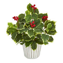 Load image into Gallery viewer, 13" Variegated Holly Leaf Artificial Plant in White Planter w/ Silver Trimming