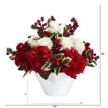 Load image into Gallery viewer, 17" Rose, Hydrangea and Holly Berry Artificial Arrangement in White Vase