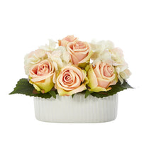 Load image into Gallery viewer, 7" Rose and Hydrangea Artificial Arrangement in White Vase