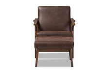 Load image into Gallery viewer, Baxton Studio Bianca Mid-Century Modern Walnut Wood Dark Brown Distressed Faux Leather Lounge Chair And Ottoman Set