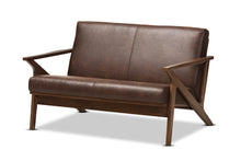 Load image into Gallery viewer, Baxton Studio Bianca Mid-Century Modern Walnut Wood Dark Brown Distressed Faux Leather 2-Seater Loveseat