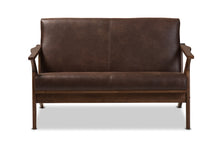 Load image into Gallery viewer, Baxton Studio Bianca Mid-Century Modern Walnut Wood Dark Brown Distressed Faux Leather 2-Seater Loveseat