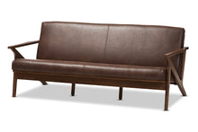 Load image into Gallery viewer, Baxton Studio Bianca Mid-Century Modern Walnut Wood Dark Brown Distressed Faux Leather 3-Seater Sofa