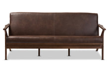 Load image into Gallery viewer, Baxton Studio Bianca Mid-Century Modern Walnut Wood Dark Brown Distressed Faux Leather 3-Seater Sofa