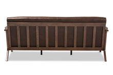 Load image into Gallery viewer, Baxton Studio Bianca Mid-Century Modern Walnut Wood Dark Brown Distressed Faux Leather 3-Seater Sofa