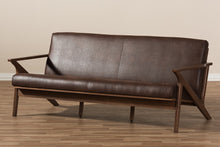 Load image into Gallery viewer, Baxton Studio Bianca Mid-Century Modern Walnut Wood Dark Brown Distressed Faux Leather 3-Seater Sofa