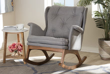 Load image into Gallery viewer, Baxton Studio Maggie Mid-Century Modern Grey Fabric Upholstered Walnut-Finished Rocking Chair