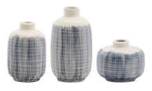 Load image into Gallery viewer, Mini Terra Cotta Bud Vase with Navy Criss Cross Pattern (Set of 6)