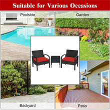 Load image into Gallery viewer, 3 Pieces Outdoor Rattan Patio Conversation Set with Seat Cushions-Red
