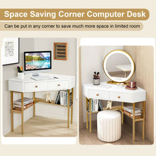 Load image into Gallery viewer, Space Saving Corner Computer Desk with 2 Large Drawers and Storage Shelf-Golden