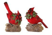 Load image into Gallery viewer, Perched Cardinal Bird on Log with Holly Wreath Accent (Set of 2)