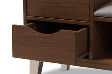 Load image into Gallery viewer, Baxton Studio Arielle Modern and Contemporary Walnut Wood 3-Drawer Shoe Storage Grey Fabric Upholstered Seating Bench with Two Open Shelves