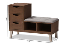 Load image into Gallery viewer, Baxton Studio Arielle Modern and Contemporary Walnut Wood 3-Drawer Shoe Storage Grey Fabric Upholstered Seating Bench with Two Open Shelves