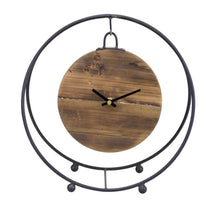 Load image into Gallery viewer, Natural Wooden Hanging Clock in Round Metal Stand 11.5"D