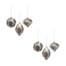 Load image into Gallery viewer, Silver Pine Cone Glass Ornament with Snowy Accent (Set of 6)