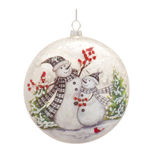 Load image into Gallery viewer, Whimsical Snowman Disc Ornament with Snowy Cardinal Scene (Set of 6)