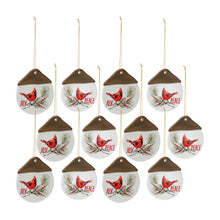 Load image into Gallery viewer, Ceramic Cardinal Pine Branch Peace Joy Tag Ornament (Set of 12)