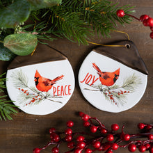 Load image into Gallery viewer, Ceramic Cardinal Pine Branch Peace Joy Tag Ornament (Set of 12)